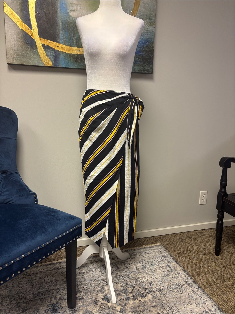 Banana Republic Black, White & Yellow Diagonal Stripe Wrap Maxi Skirt